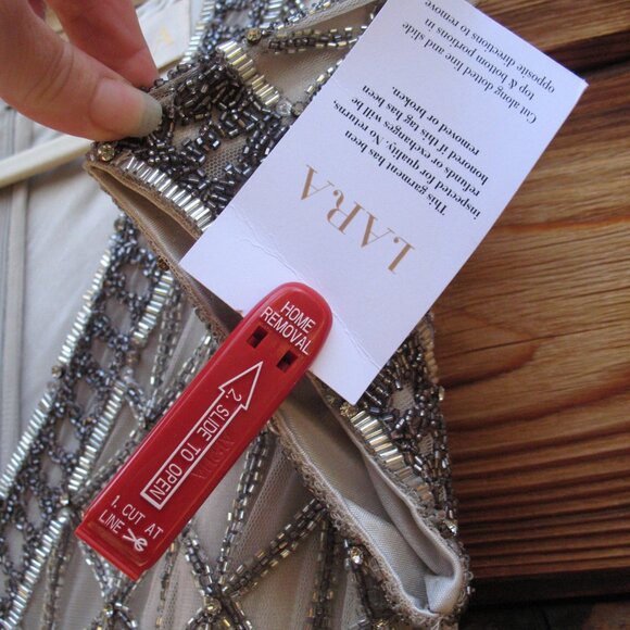 LARA  Beaded V  Neck Neckline Dress Gown Cap Sleeves - Picture 11 of 13